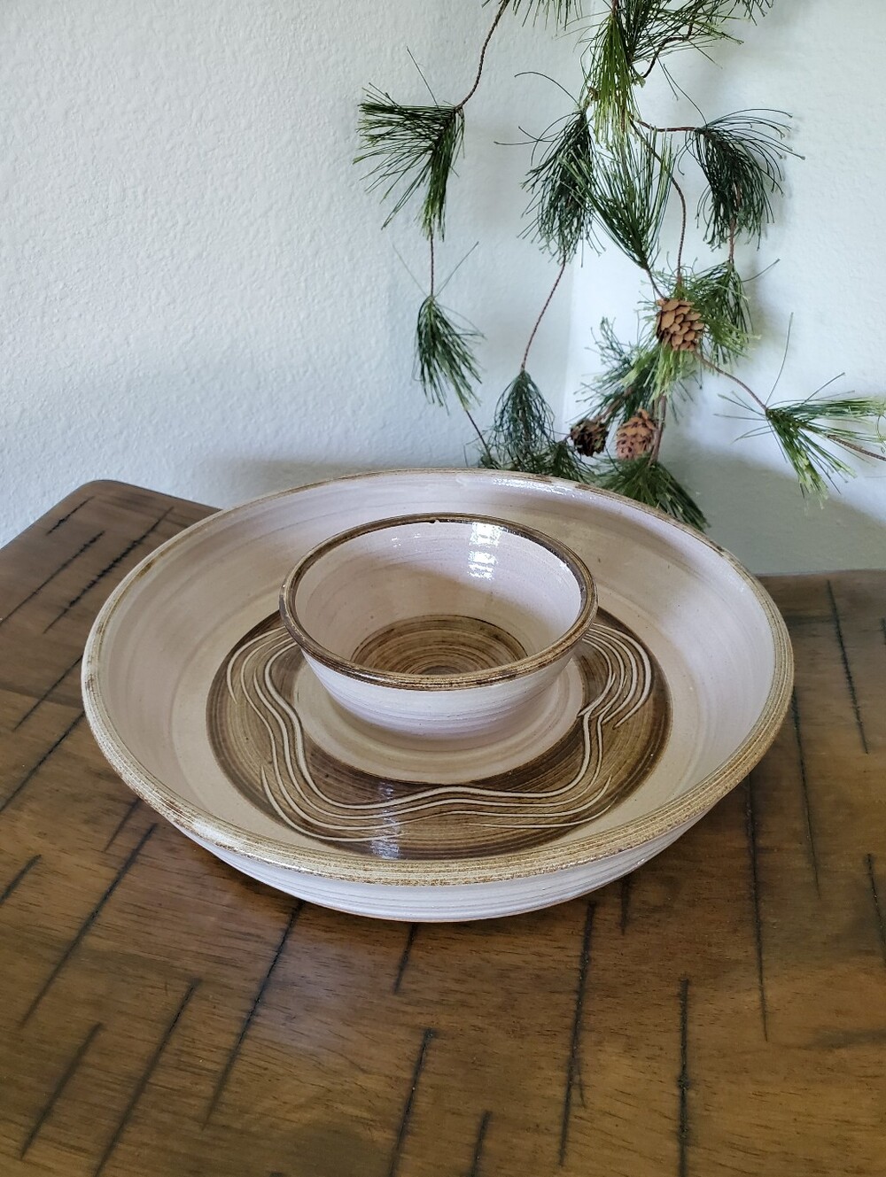 Studio Art Pottery Neutral Ceramic Chips Veggie and Dip Platter Swirl Design